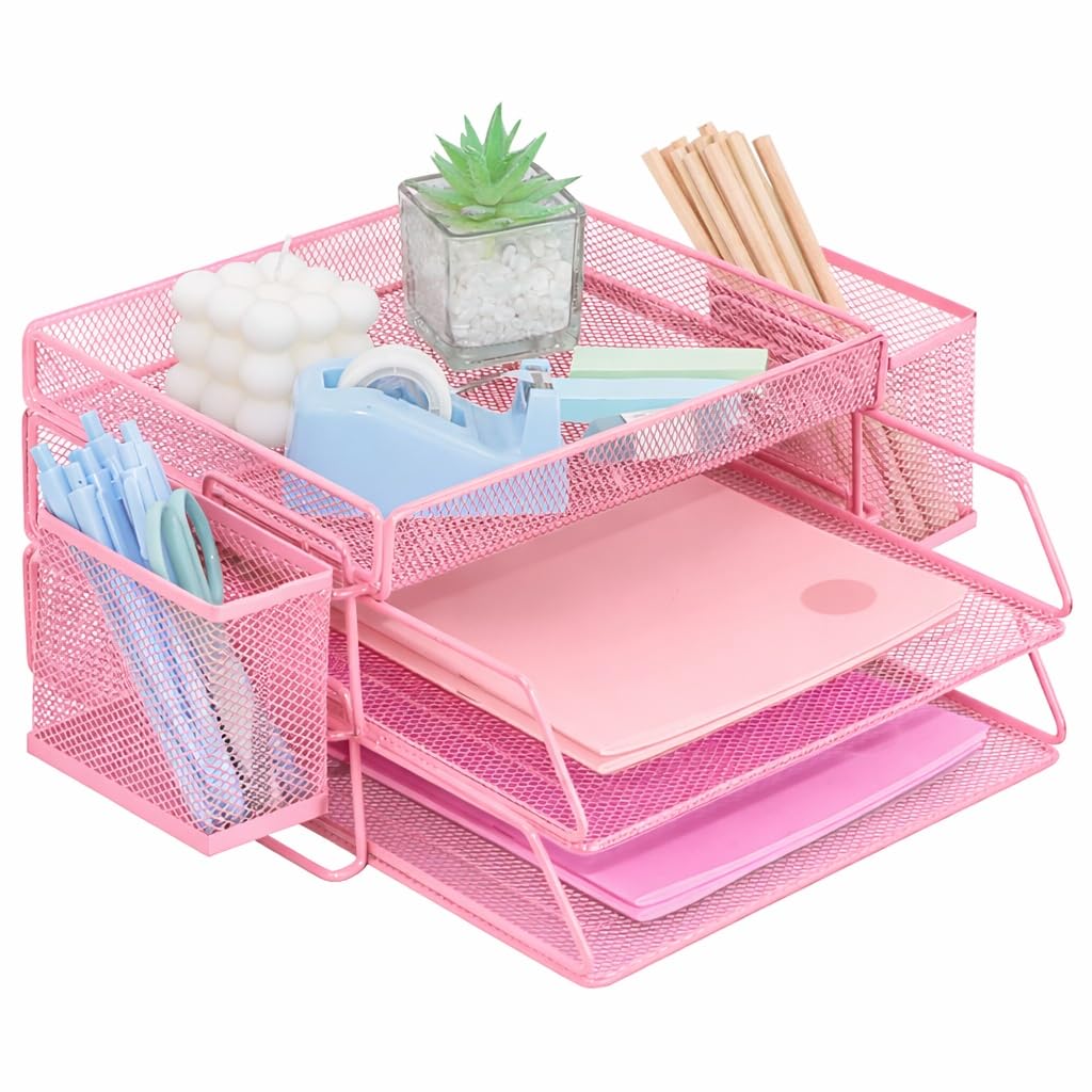ideallife Letter Trays Stackable with Top Stationery Holder, 2-Tier Metal Desk Organizer Tray, Paper Filing Tray for Office Supplies - Pink