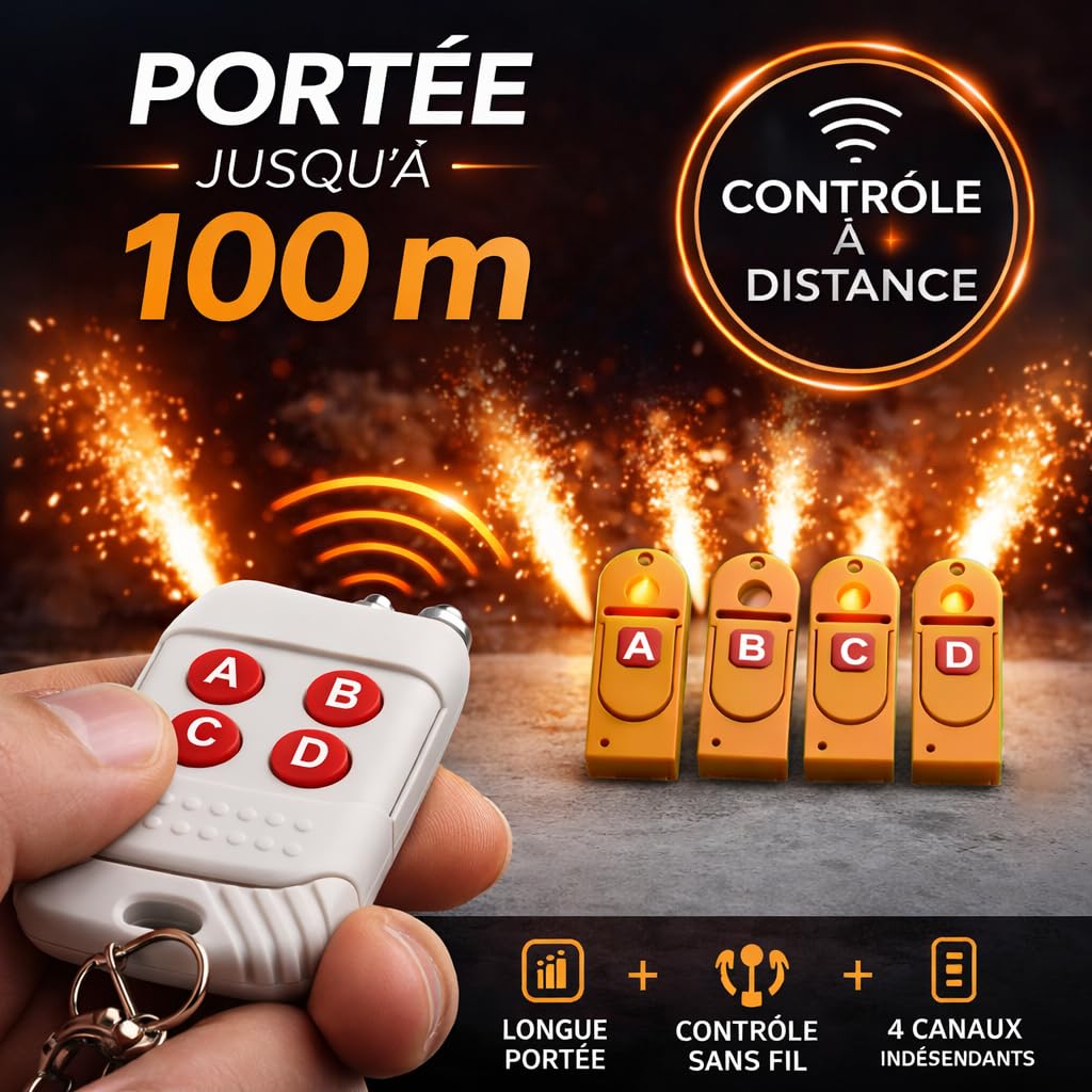 zenda club Kit disparador de fuego de artificio 4 canales - Sistema de encendido inalámbrico recargable - Mando a distancia 50-100 m - Activación rápida para mecha, fumigos, fuentes