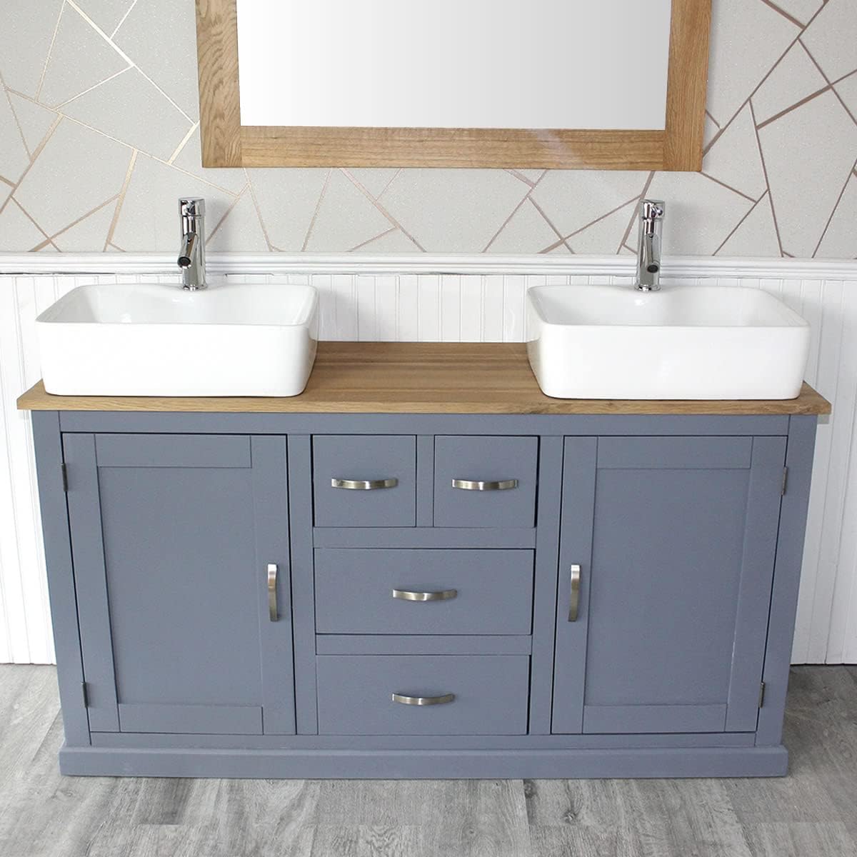 Wooden Bathroom Vanity Unit with 2 Ceramic Basins - Modern Bathroom Sink Cabinet with Drawers - Double Vanity Unit with Chromed Mixer Taps - Grey Painted - Tap Mounted Rectangle Bowl (603GCB021A2)