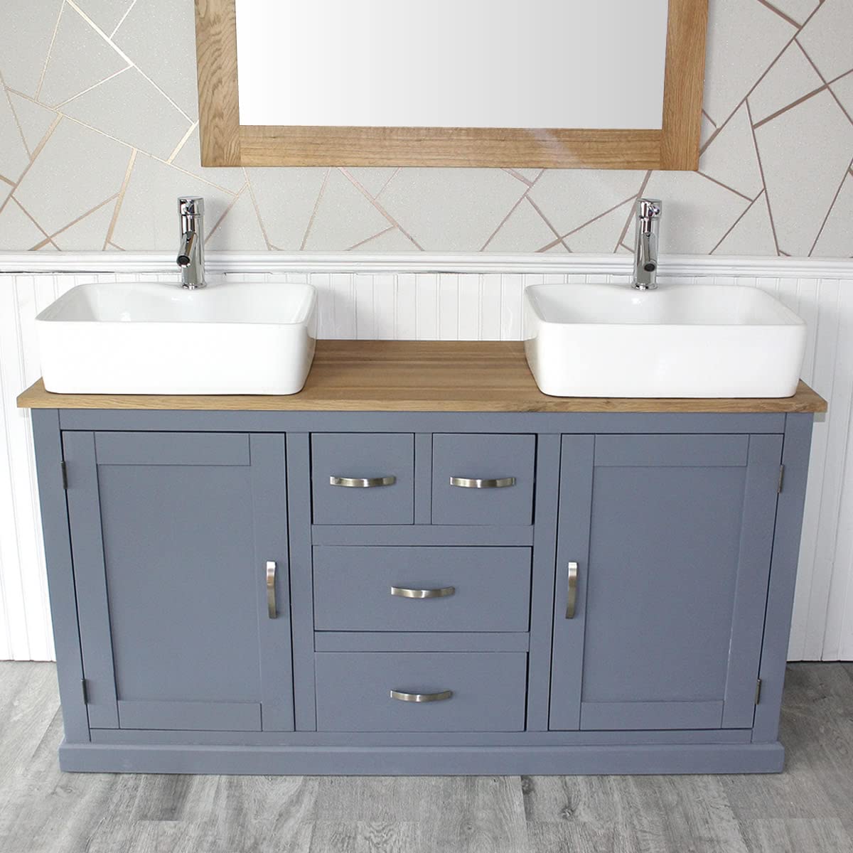 Wooden Bathroom Vanity Unit with 2 Ceramic Basins - Modern Bathroom Sink Cabinet with Drawers - Double Vanity Unit with Chromed Mixer Taps - Grey Painted - Tap Mounted Rectangle Bowl (603GCB021A2)