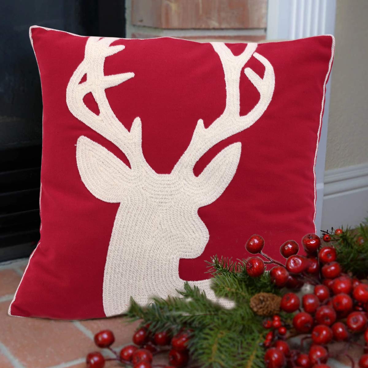 Oneslong Red Christmas Pillow Covers Embroidery Throw Pillow Cases 18x18 inch Merry Christmas Deer Reindeer Decorative Sofa Cushion Covers