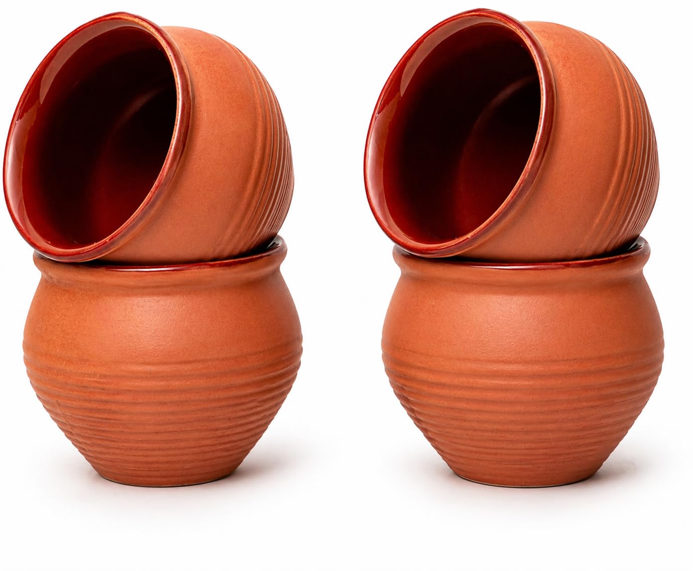 Handmade Traditional Kulhar Kulhad Chai Tea Coffee Mug Cup Cantaritos Set of 4 Glazed Earthenware Glossy Finish Clay Terracotta Artisanal Studio Pottery Mud Brown Food Safe Natural Rustic Eco-Friendly