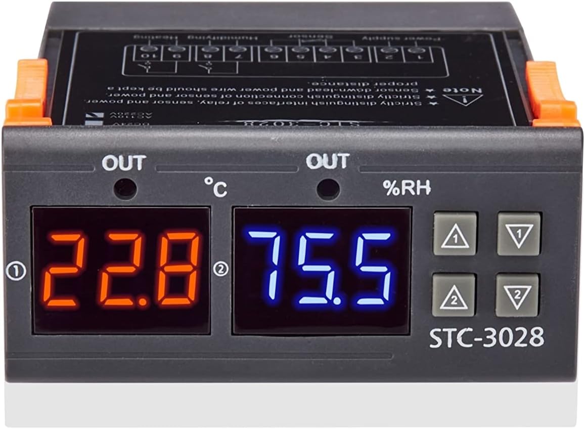 Front view of STC-3028 controller showing dual displays and buttons