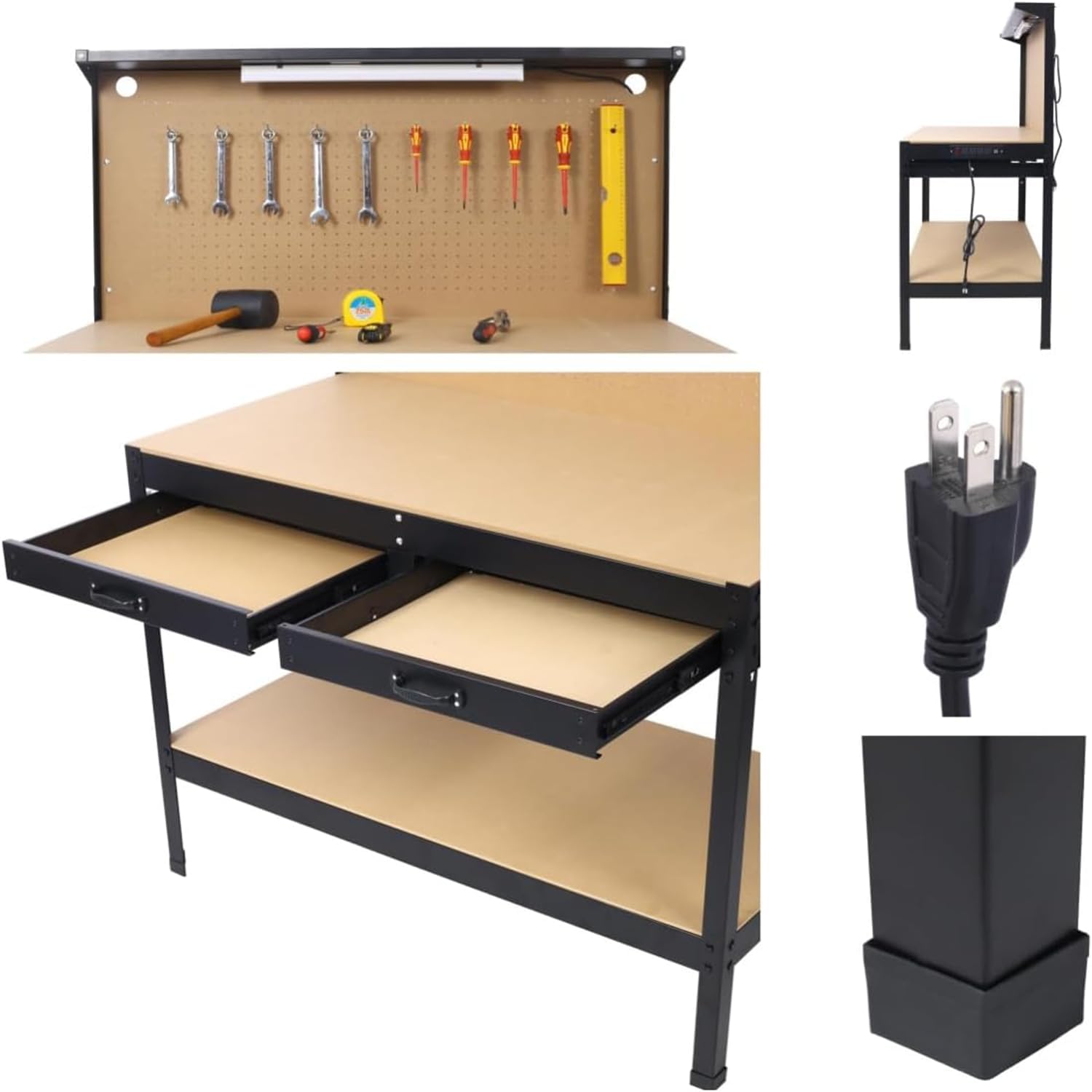 Heavy-Duty Steel Workbench with LED Light, 59'' Tool Storage Bench with Power Outlets & USB Ports, 200 lbs Capacity, Workbench with Pegboard & 2 Drawers for Garage or Workshop