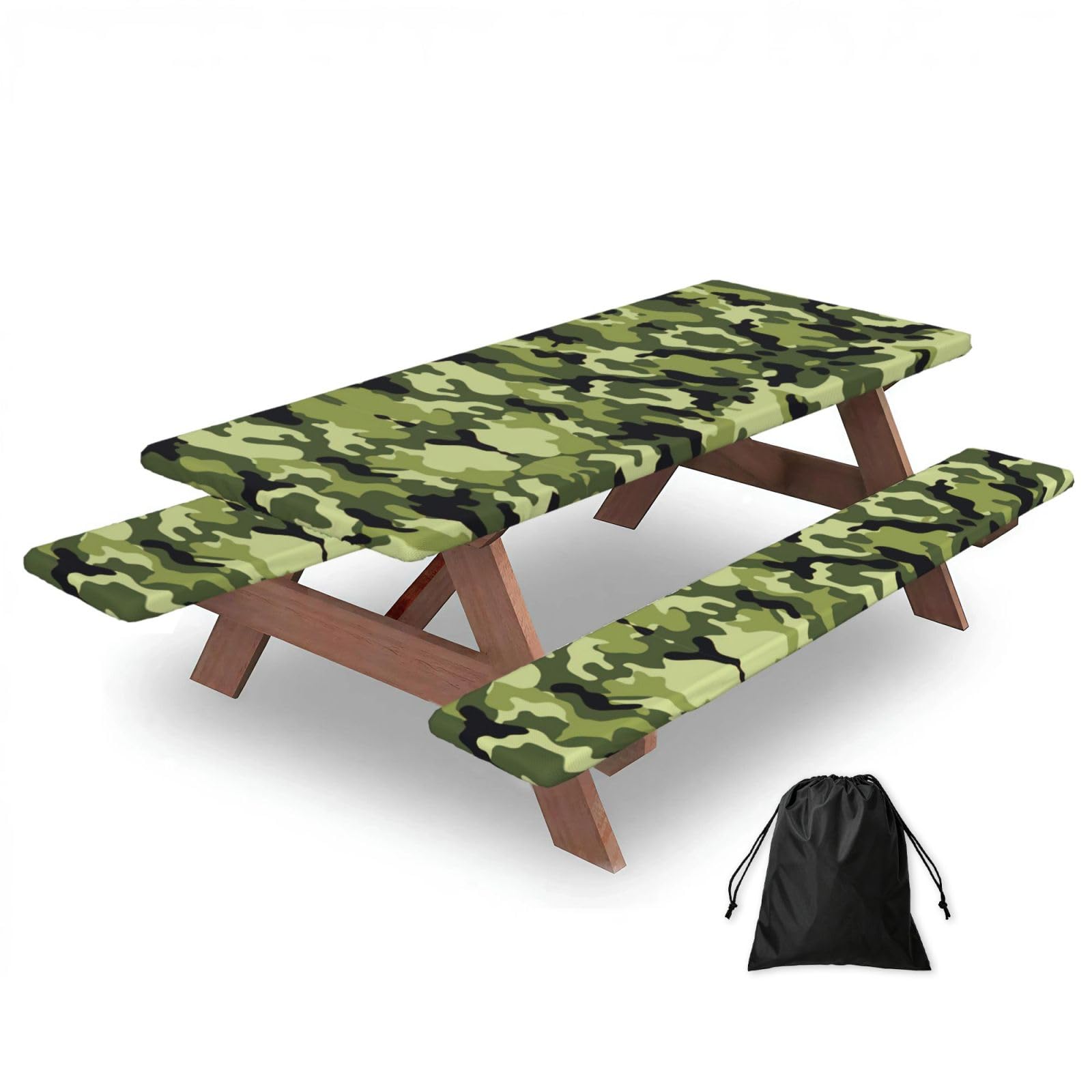 Zyjhyy Black Camo Green Print Party Table Covers With Bench Covers Set Of 3 Picnic Table Cloth Wipe Clean For Garden Camping