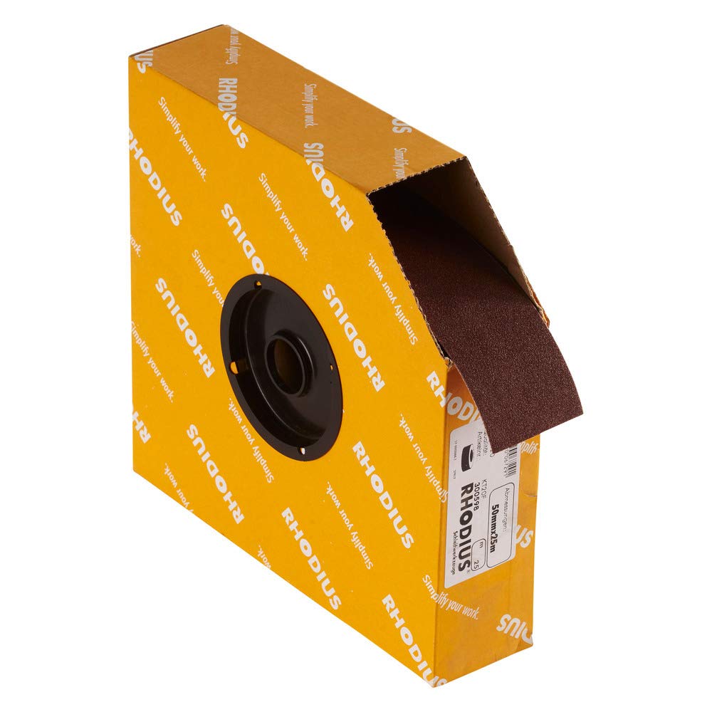RHODIUS SPBR, 1 Stück Schleifleinen 50 mm x 25 m K120, für Metall und Holz, Schleifpapier, Handschliff, Schleifband, Schmirgelpapier, Rollenware