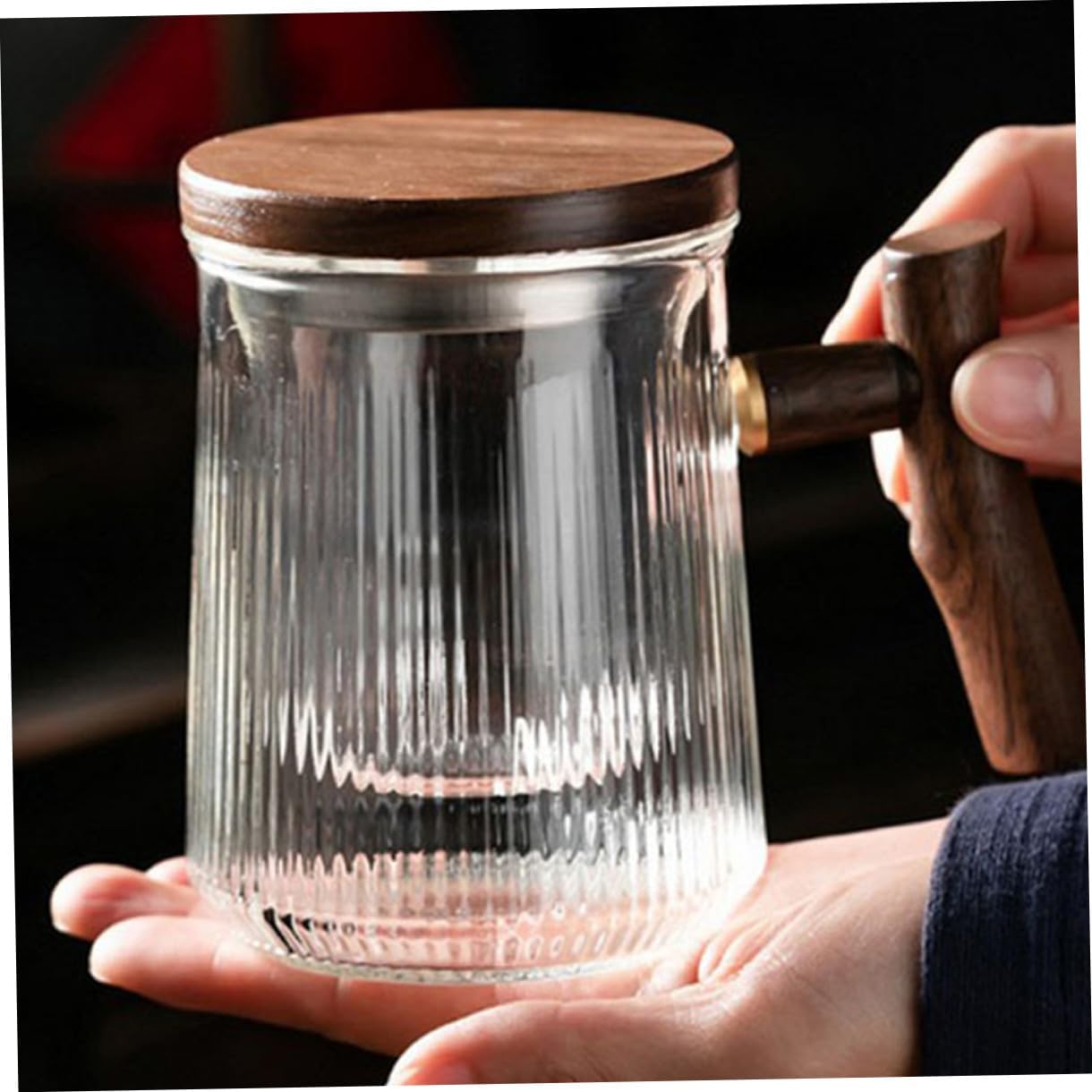 Vintage Glass Tea Cup with Infuser and Lid, 380ml Striped Glass Mug with Wooden Handle, Steeping Flower Tea Set for Office and Home Use