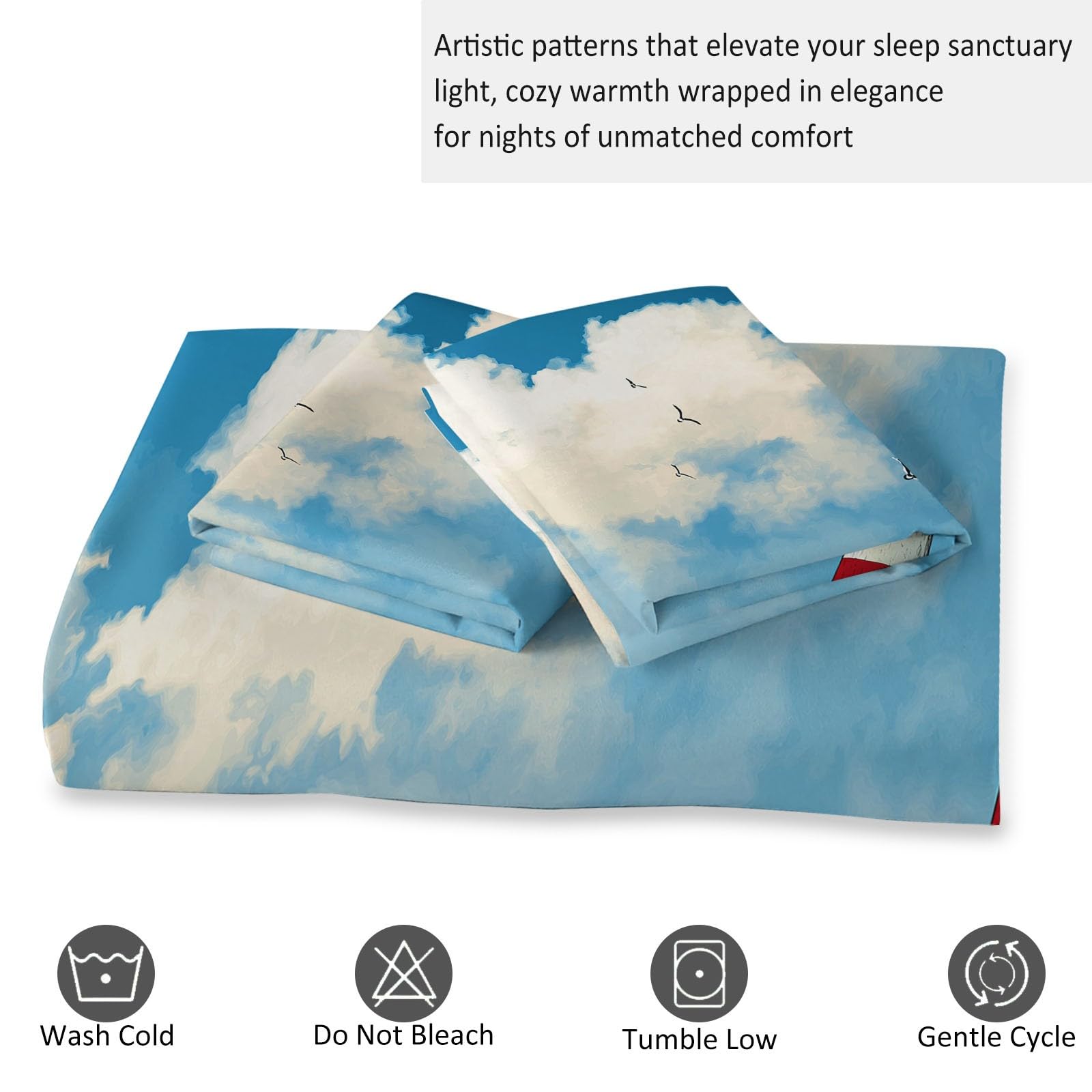 Azul Funda Nordica 240x260 cm Dibujos Animados Faro Mar Microfibra Cepillada con 2 Fundas de Almohada de 50x75 cm, Transpirable Suave Antialérgica Juego de Funda Edredón para Cama Doble
