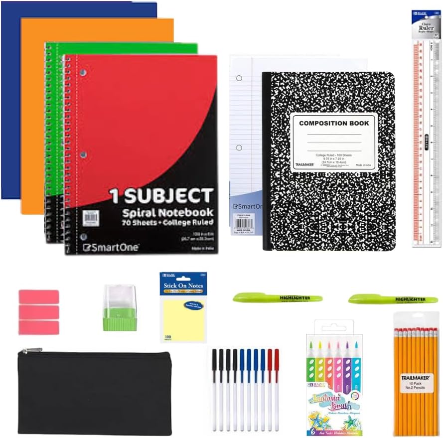 Essential 40-Piece Student Supply Kit – Ideal for students returning to class - Includes Notebooks, Folders, Pencils, Pens, Highlighters, Erasers, Ruler,
