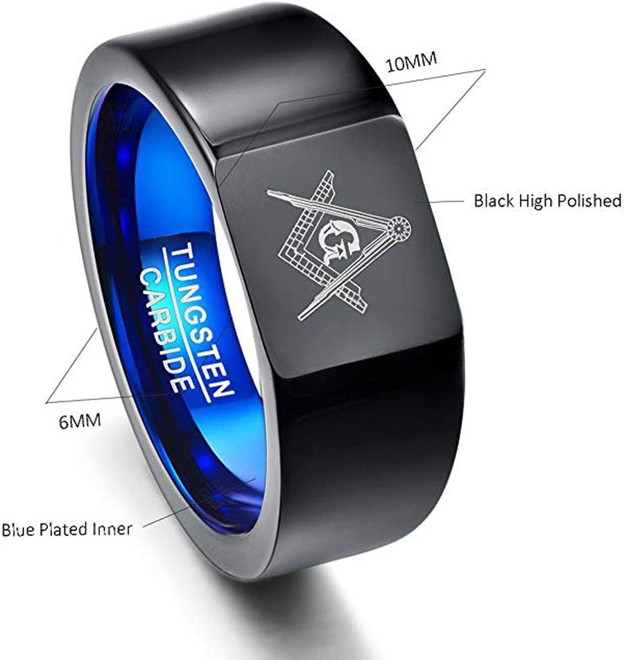 Vakki Black Blue Masonic Tungsten Carbide Square Rings for Men Women Freemason Symbol Ring High Polished Size 7-12