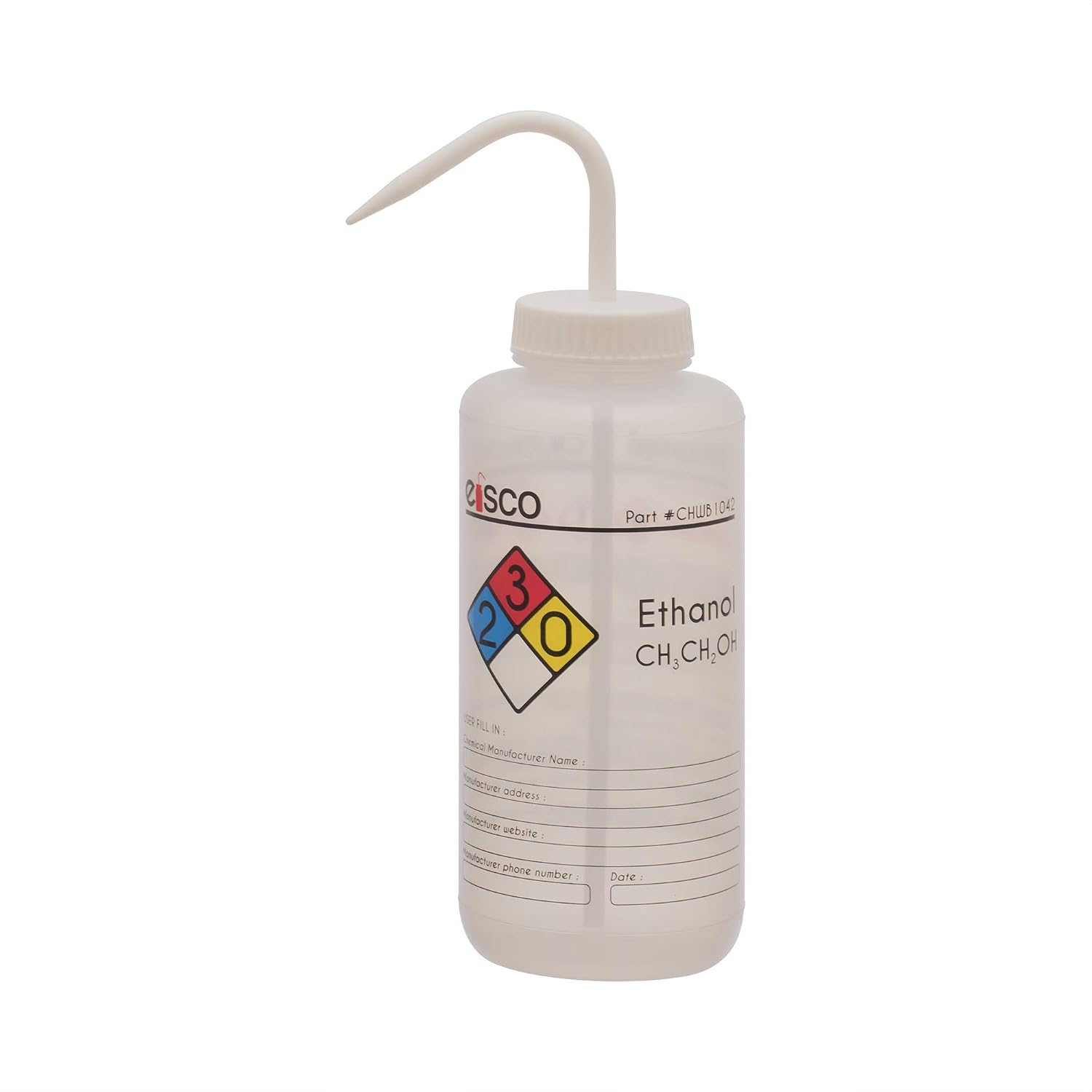 EISCO Wash Bottle for Ethanol, 1000ml - Labeled with Color Coded Chemical & Safety Information (4 Colors) - Wide Mouth, Self Venting, Low Density Polyethylene - Performance Plastics Labs