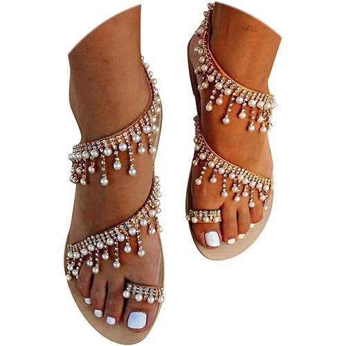 Flat Sandals for Women, Sparkly Silver Sandals Woman Dressy Summer, Rhinestone Sandals Flower Beach Flip Flops Elegant Bridal Sandals Toe Ring Strappy Wedding Sandals for Bride (a-Brown, 9)