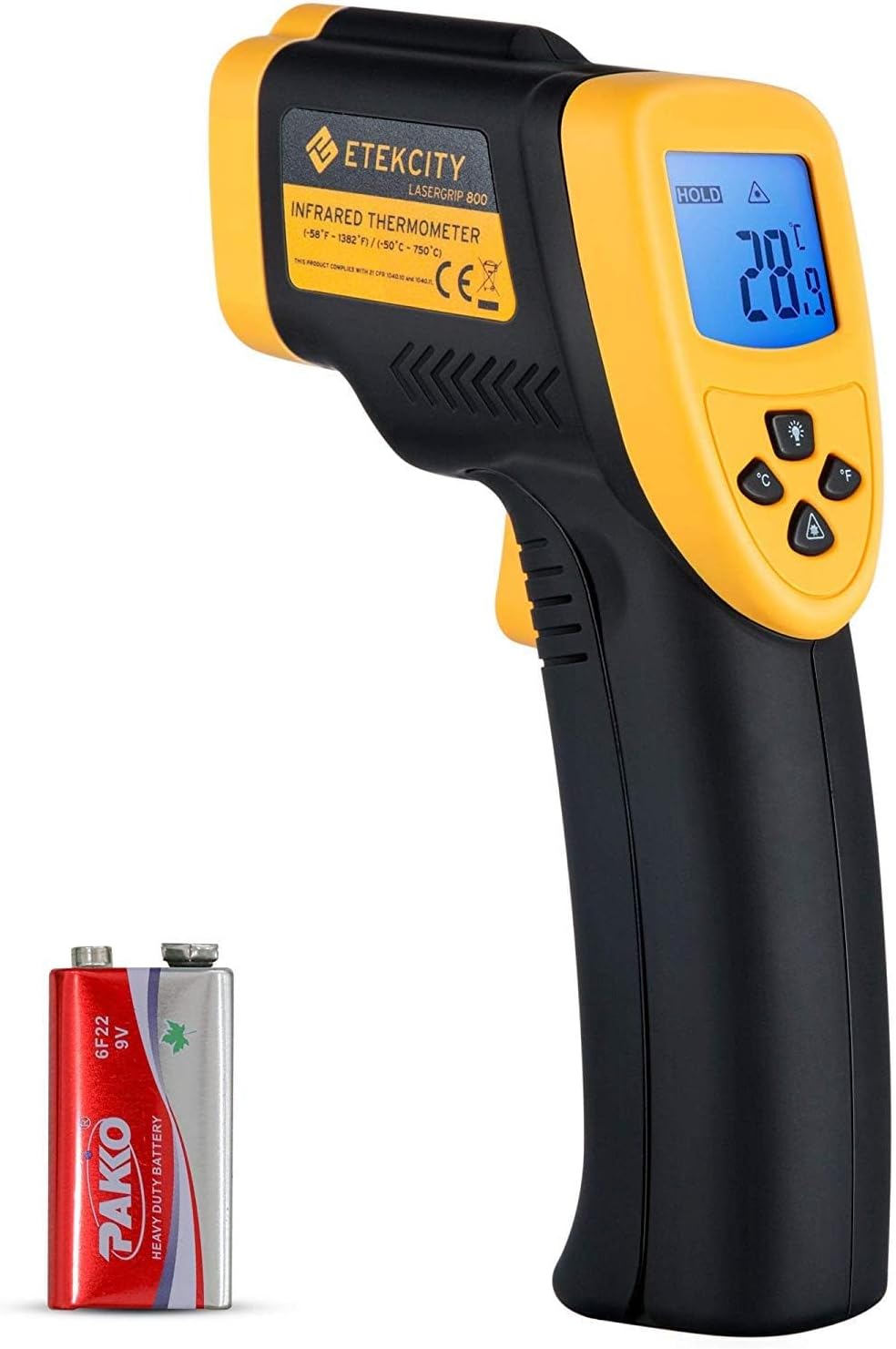 Infrared Thermometer Temperature Gun 800, -58℉ to 1382℉ with 16:1 DTS Ratio, Digital Laser Temp IR Tool for Cooking, Pizza Oven, Griddle, Fridge, Engine, Pool, Non Contact, Yellow