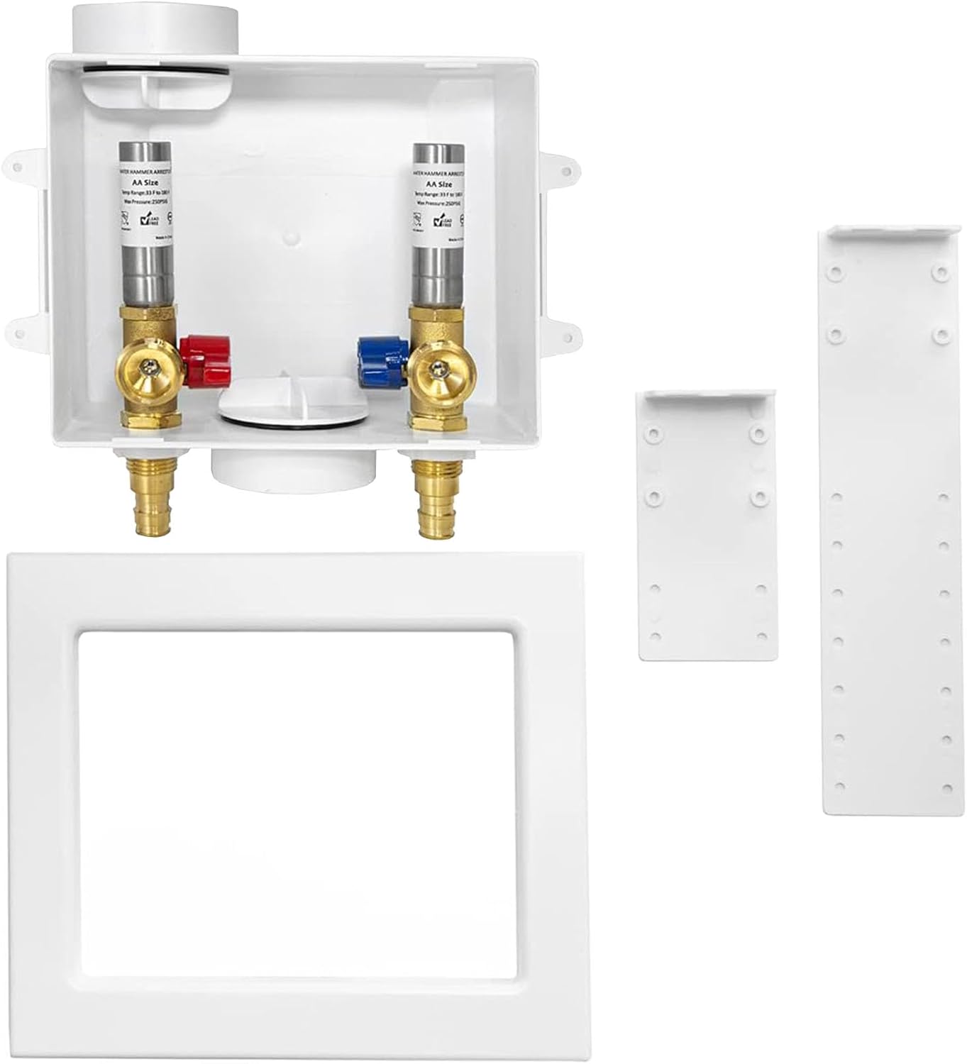 Washing Machine Outlet Box, Center Drain/Side Drain, 1/2 Inch Pex-A Inlet x 3/4 Inch MHT Outlet Connection, Laundry Washer Valve Outlet Box, with Stainless Steel Water Hammer Arrestor(WM008)