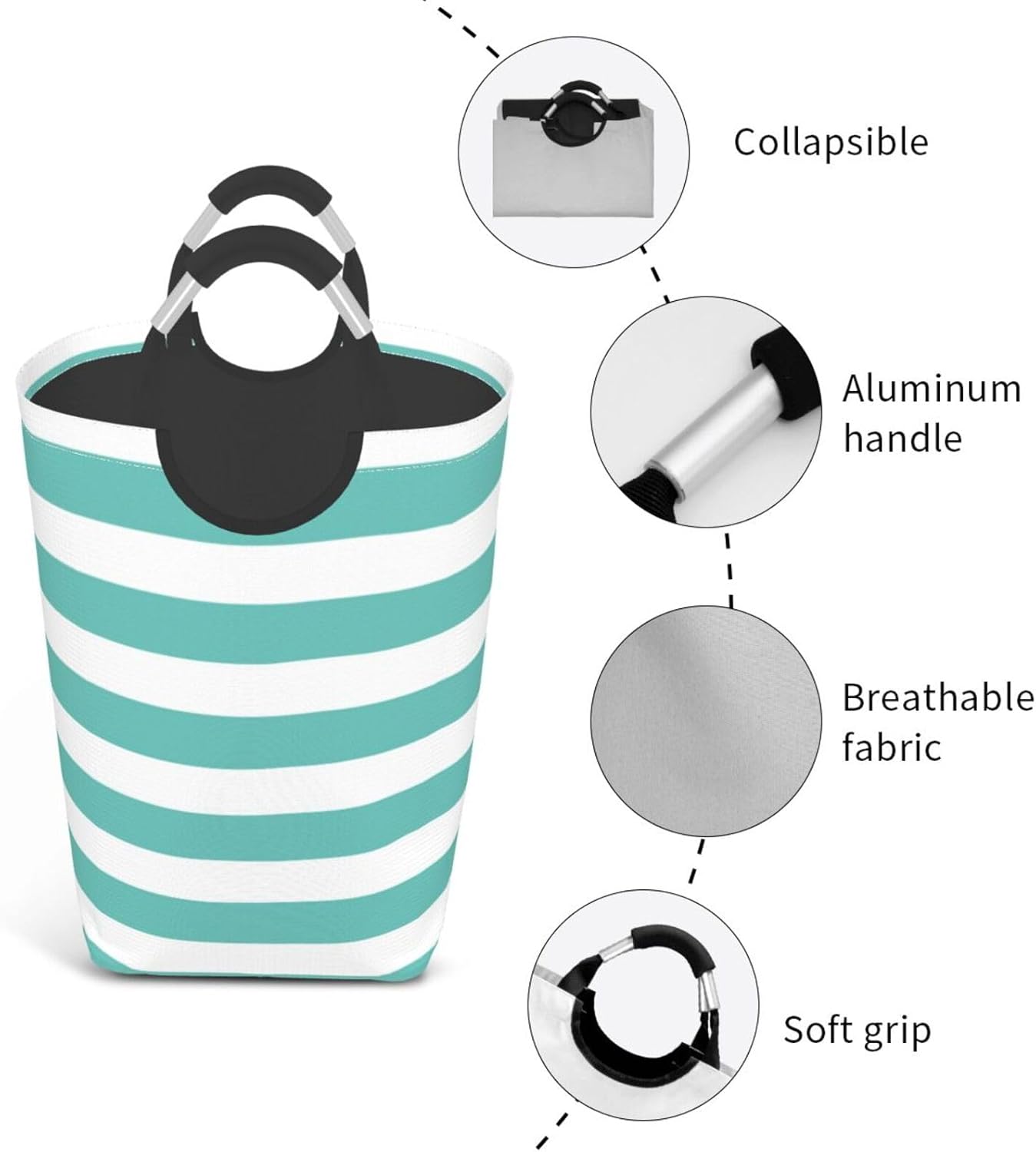 Large Laundry Basket, Teal White Stripes Laundry Hamper Bag Collapsible Washing Bin With Handles for College Dorm, Family Essentials Storage
