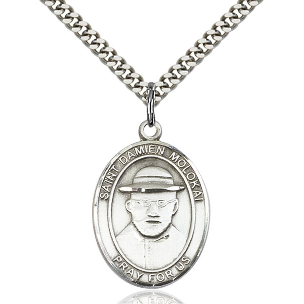 Bonyak Jewelry Saint Medal Collection Sterling Silver St. Damien of Molokai Pendant 1 x 3/4 inches with Heavy Curb Chain