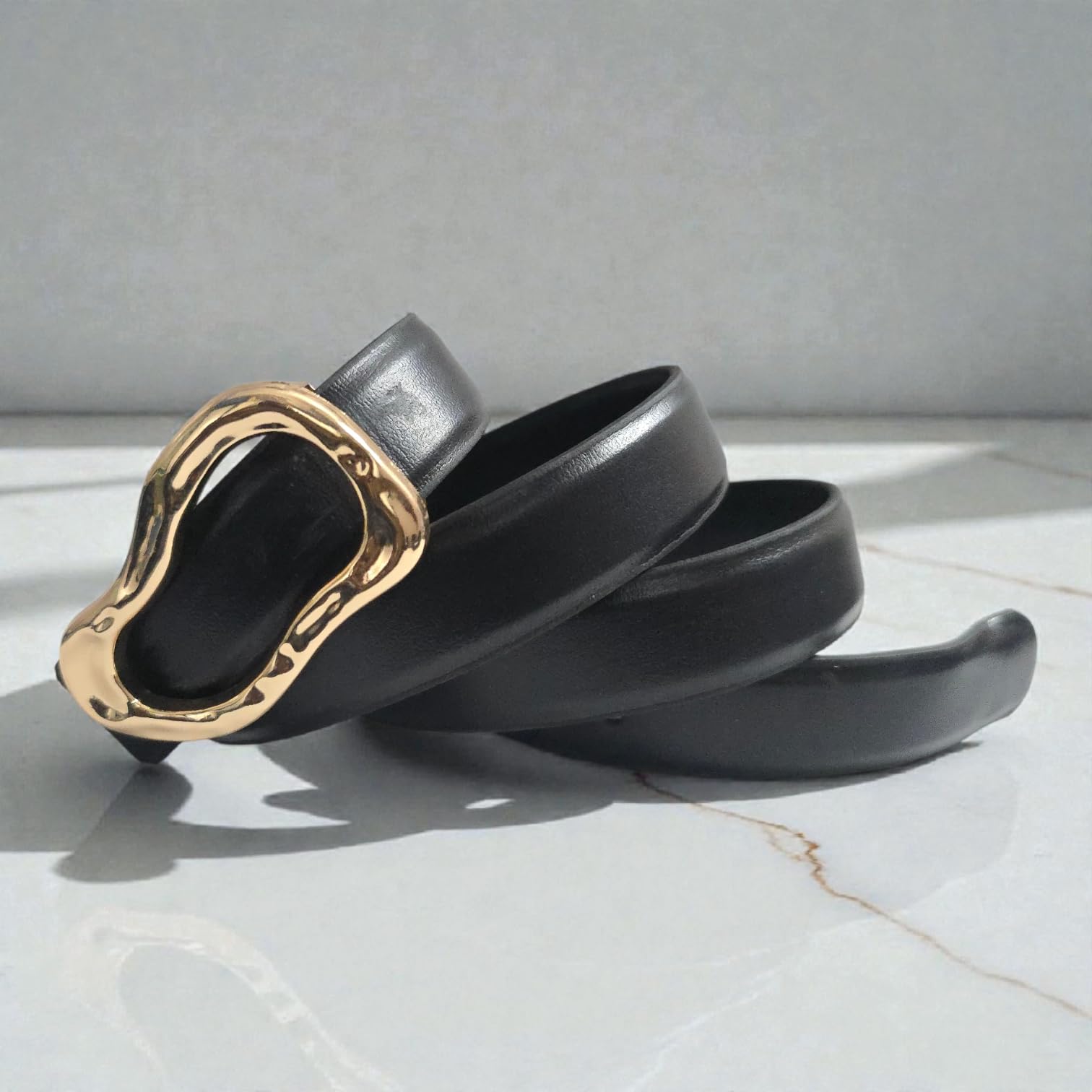 Women Artificial Leather Belt with Gold Rectangular Buckle | Stylish Casual & Formal Waist Belt (4022-BLACK_)-image-32