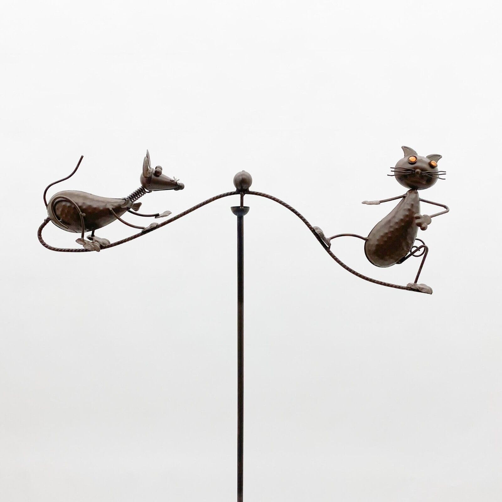 Maisonica Brown 1.35M Cat & Mouse Rusty Tom Jerry Spinner - Distressed Metal Stake Holder