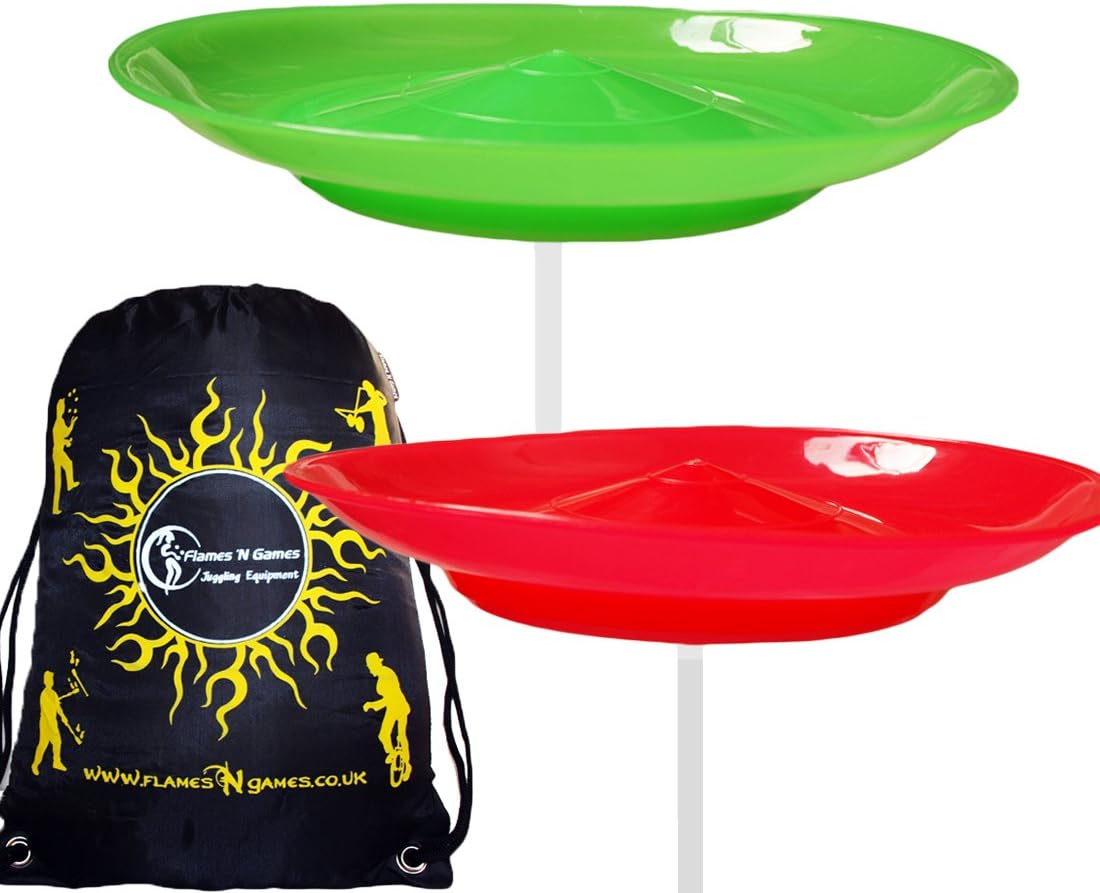 Flames 'N Games 2x Juggle Dream Spinning Plate Set (Green/Red) CLASSIC Circus Spinning Plates + 2-piece Sticks Travel Bag! Great fun for Kids & Adults.