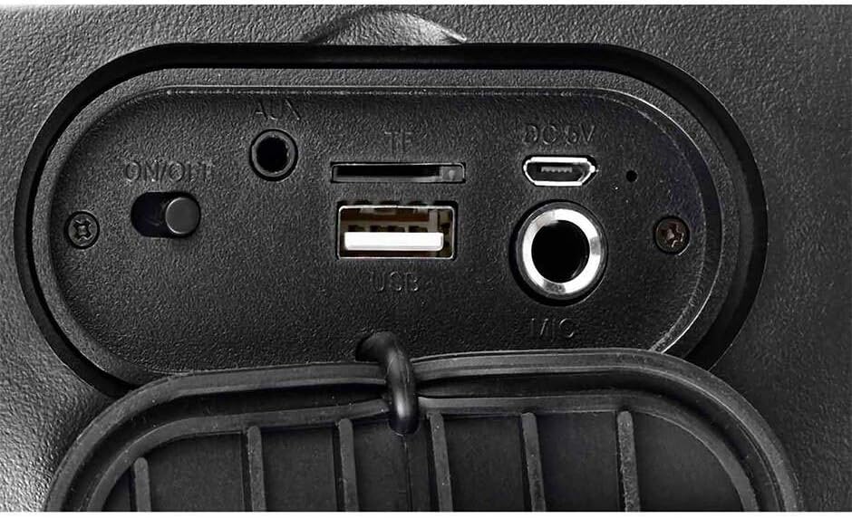 Rear connection panel of the Kaiser KSW-5004 speaker showing ON/OFF switch, AUX, TF, USB, DC 5V, and MIC ports