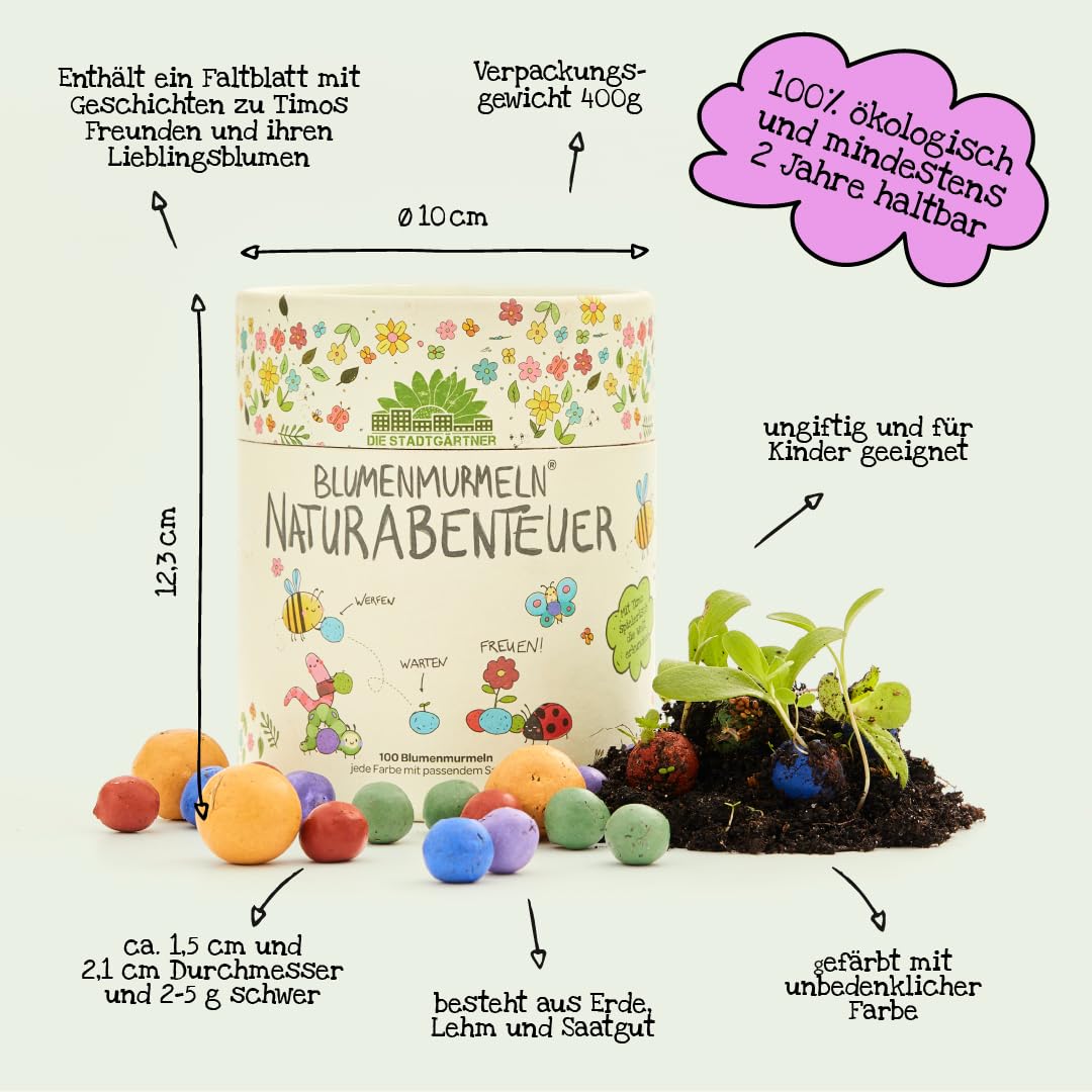 Lot de 100 billes de fleurs colorées « Mon aventure naturelle », bombes à graines roulées à la main, colorées, parfaites pour les anniversaires d'enfants, cadeau pour enfants, 100 % écologique et