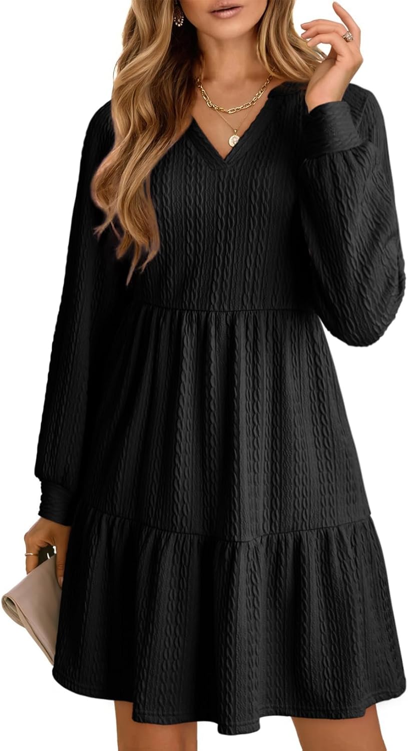 Dokotoo Fall Dresses for Women 2025 Long Sleeve V Neck Textured Casual Lightweight Tiered Ruffle A-Line Mini Babydoll Dress