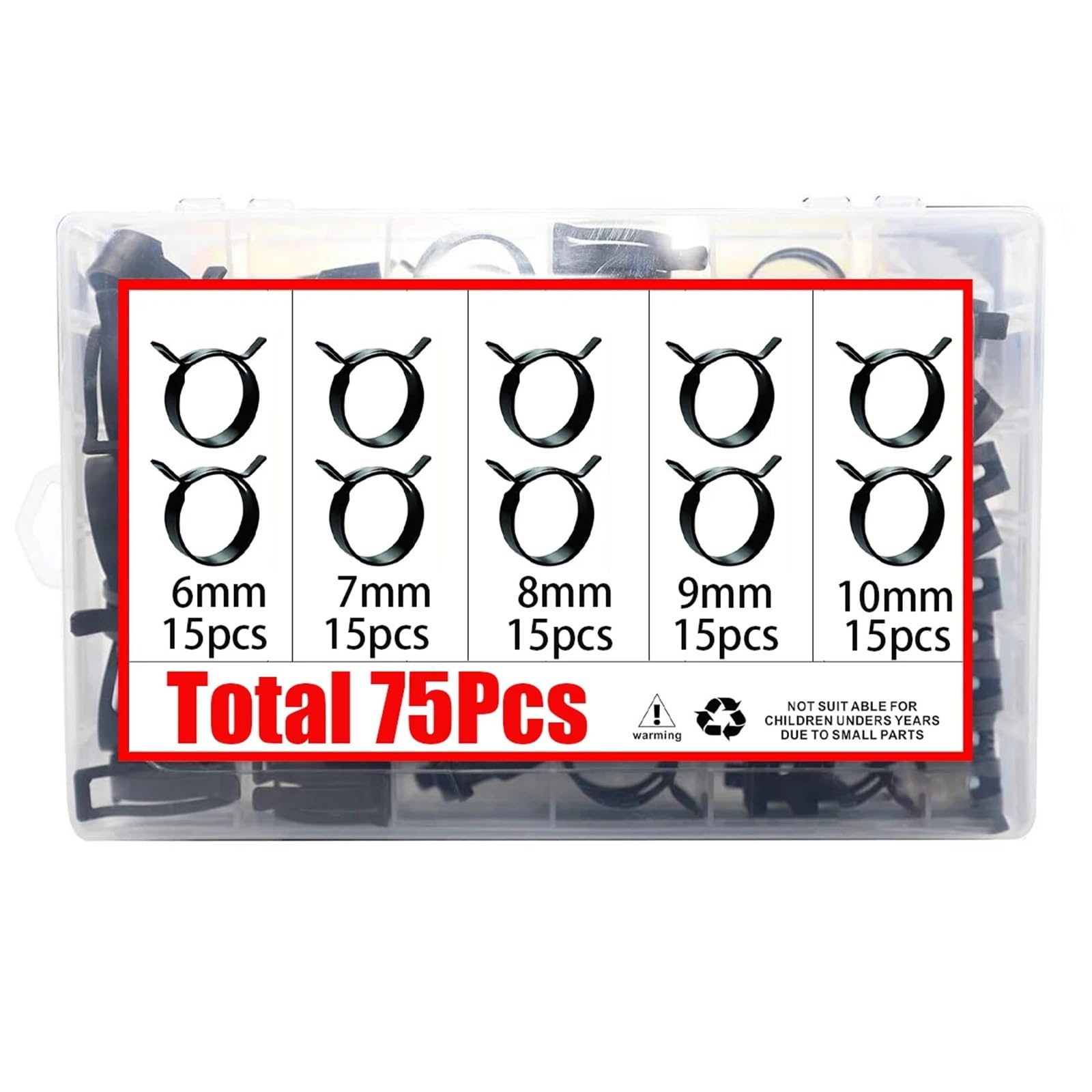 Kit surtido de 75 piezas de 6-10 mm, 5 tamaños, Q673B, resorte de vacío, for manguera de CPU, aceite, combustible, agua, abrazadera de banda, sujetadores metálicos