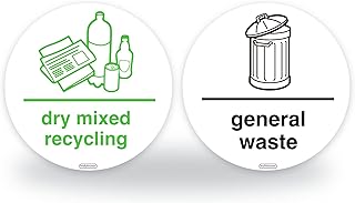 Set of 2 Recycling Bin Signs - 95mm Waterproof Indoor/Outdoor Stickers - Wheelie Bin and Waste Containers Signs - Dry mixed recycling/General Waste (1 Packs - 2 stickers)