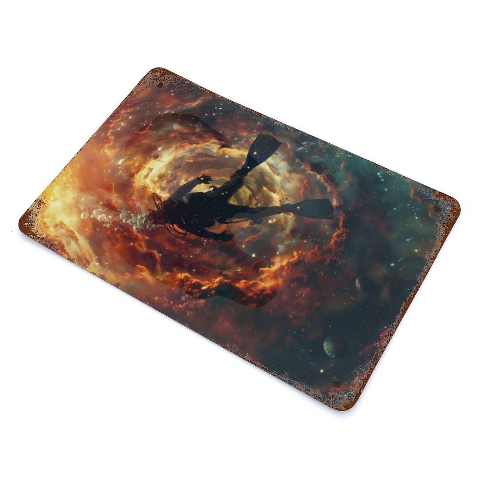 Distressed Metal Wall Sign Scuba Diver In Nebula 11.8"x7.9", Vintage Wall Decor for Garage, Bar And Workshop Decor