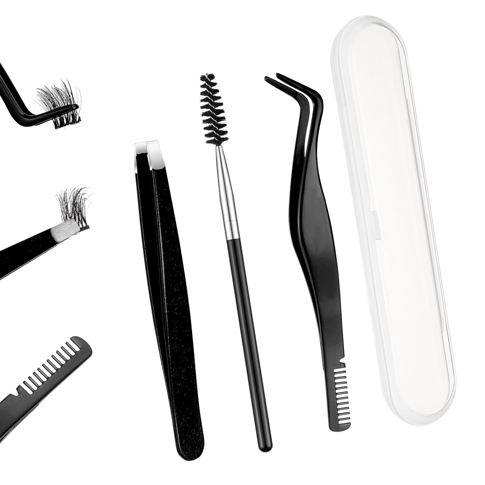 Lasnten 4 Pcs Eyelash Applicator Tool, Lash Tweezers for Eyelash Extensions, Stainless Steel Lash Cluster Tweezers Brush with Little Boxes, DIY Lash Applicator Tweezers Set (Black)