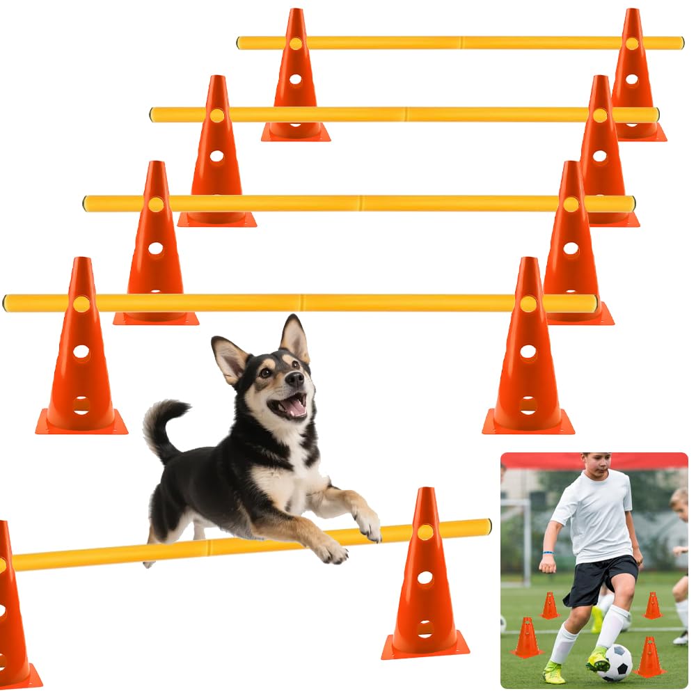 Agility pour Chien Kit, Sports Haies Set 8 Cônes + 4 Barres agilité, 23 cm de Hauteur, 80 cm de Longueur, pour Chiens, Sports, Football, Chevaux (Orange)