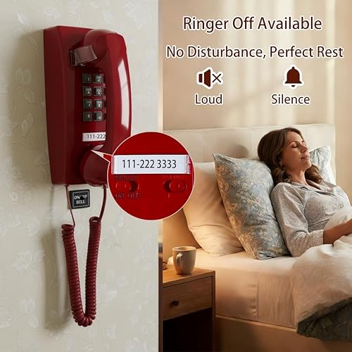 Miniatura 6 de Teléfono de pared rojo, teléfonos de pared retro para línea fija (tono de llamada mecánico activado o desactivado), teléfono de pared vintage