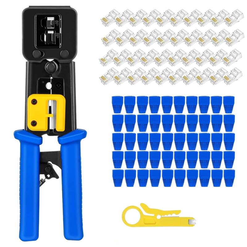 Image of COOLCOLD Tool Kit RJ45, Wire Cutter, Pass Through Cat5 Cat5e Cat6 Professional Heavy Duty Crimping tool with 50pcs Pass Through Connectors, 50pcs Boot, 1 Cable Stripper