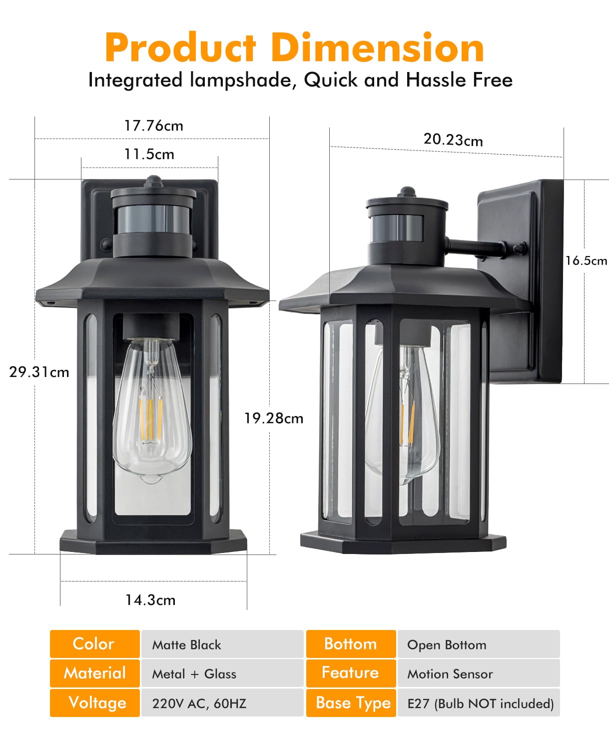 FTL Applique Extérieure avec Détecteur de Mouvement, 3 Modes E27 Lanterne Murale pour Extérieur, Noire Porche Luminaire Exterieur avec Capteur de Mouvement, IP44 Éclairage d'extérieur pour Jardin