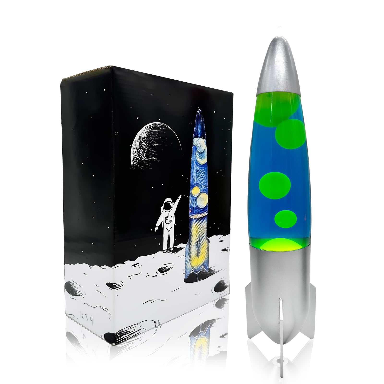 Liquid Motion Lamps: 16 Inch Rocket Shape Lamps with Blue Liquid and Green Wax, Vintage Style Liquid Motion Lamps, Gift for Boys and Girls, Gift for Adults-Silvery