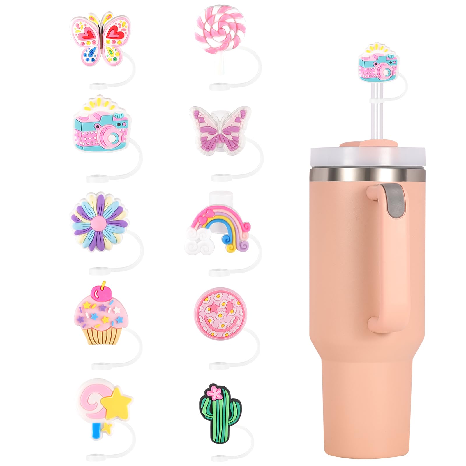 SPORCLO 10 Pack Pink Stanley Cup Straw Cover Cap, Silicone Straw Topper Compatible for 30&40 Oz Tumbler with Handle, 10mm Straw Tips Lids, Cute Stanley Accessories Gift Ideas