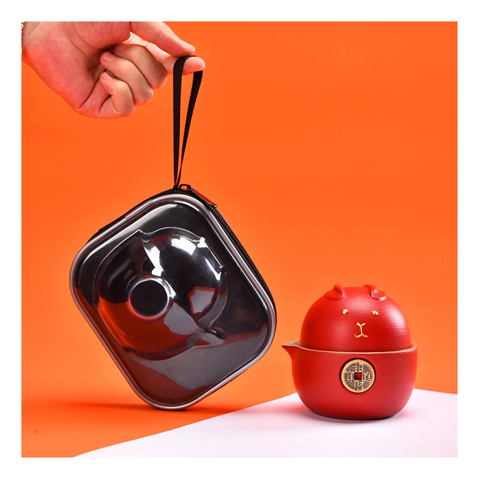 Zaltas Red Chinese Mini Travel Tea Set With Handbag/Case,Lucky Cat Shape Ceramic Mountain Teapot With Infuser And 2 Gongfu/Kungfu Tea Cups,Portable Travel Bag