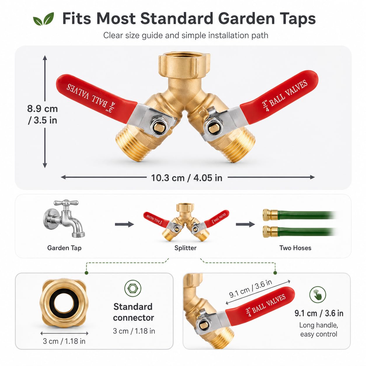 Répartiteur d'eau 2 Voies, Adaptateur Robinet Tuyau Arrosage en Laiton, Valve en Y 3/4" pour Robinet Exterieur Jardin, connecteur à Haut Débit, Grandes Poignées, pour Arrosage Jardin