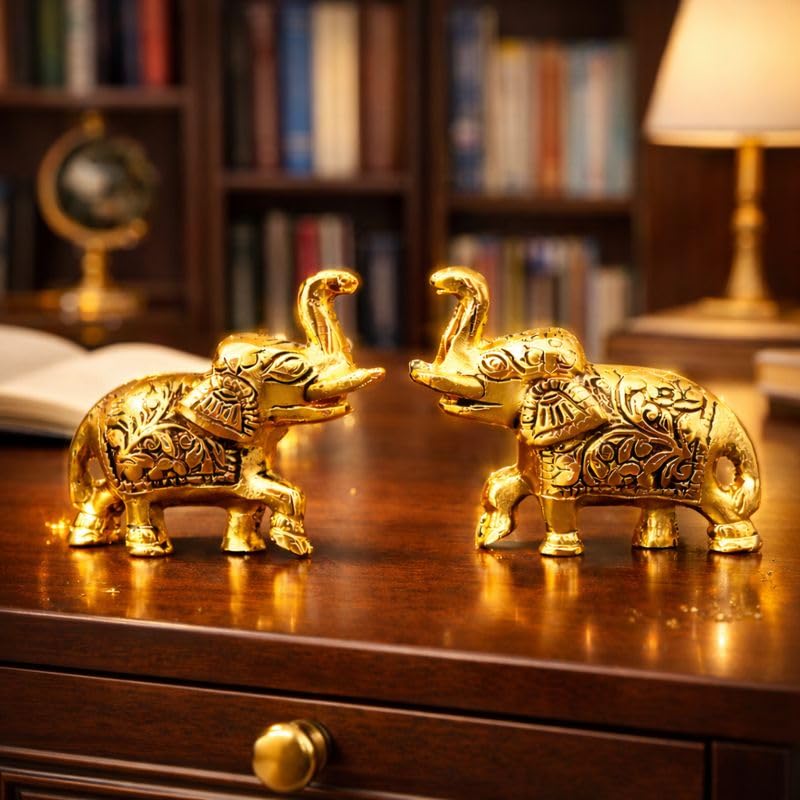 Metal Elephant Pair Statue-Decorative Brass Elephant Action Showpieces(7.5X2.5X5.5 Cm) for Elegant Home Decor