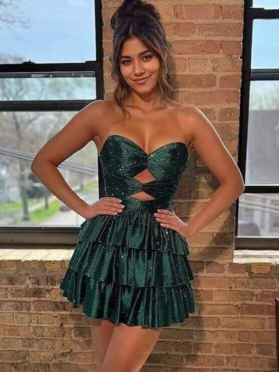 Sparkly Sequin Homecoming Dresses for Teens Cut Out Mini A Line Prom Party Gown Tiered HOCO Dress IN3183