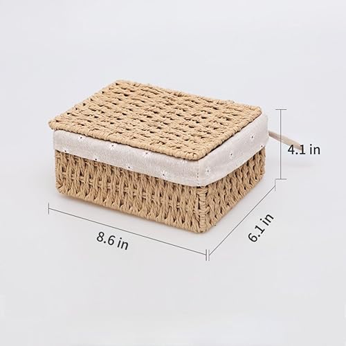 Miniatura 2 de Cesta de almacenamiento de cuerda de papel caqui tejida a mano con tapa, caja organizadora de tejido neutro medio con marco de metal para