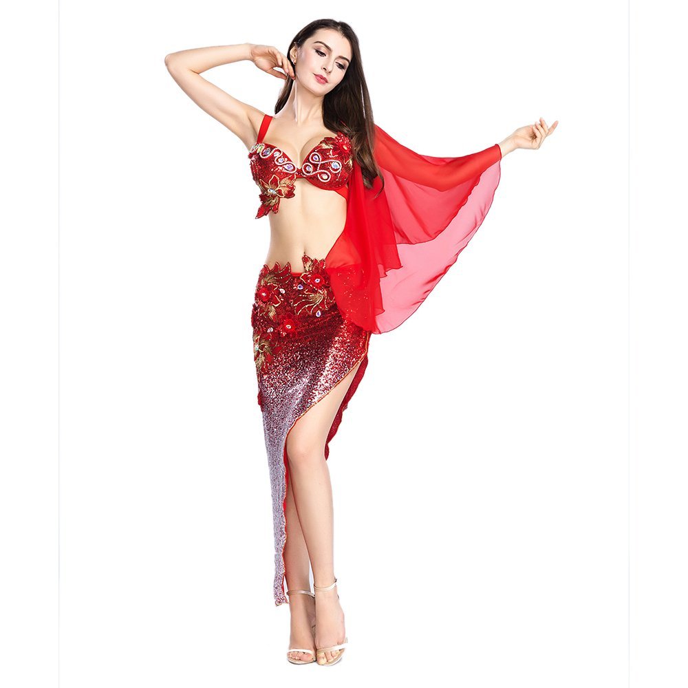 ROYAL SMEELA Seksowne kostiumy Bellydance dla tancerza brzucha biustonosz szal spódnica gradientowa cekinowa sukienka do tańca brzucha strój syrenki strój do tańca brzucha strój karnawałowy kostium kobiety orientalne kostiumy do tańca brzucha zestaw, Red,