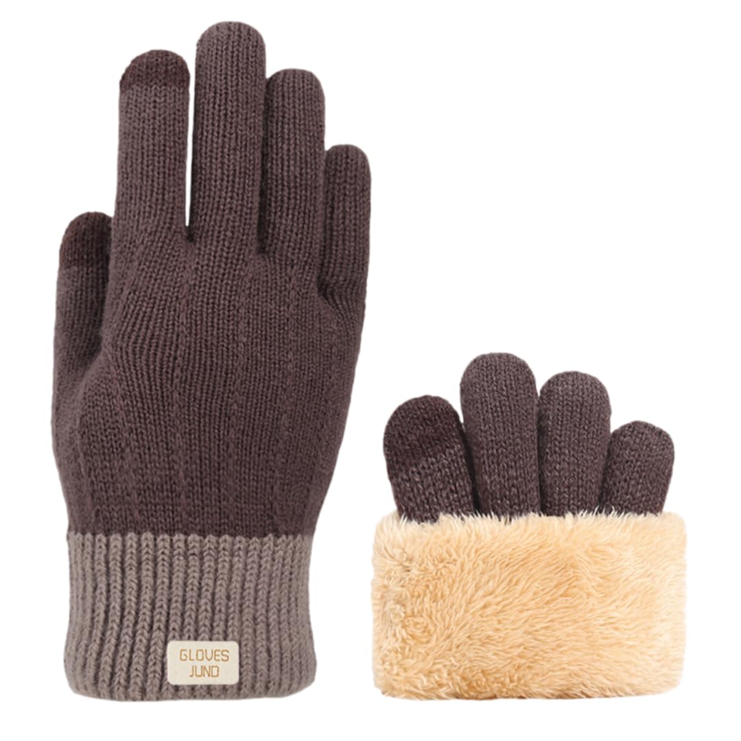 Yisenjee Women's Double-Layer Dark Brown Stylish Winter Gloves Winter Plush Thickened Warm Outdoor Jacquard Knit Touchscreen Full Finger Gloves - Double Layer Dark Brown