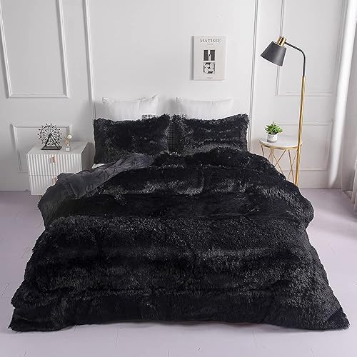 chovy Faux Fur Plush Black Comforter Sets Full/Queen - Ultra Soft Shaggy Flannel Velvet Fluffy Fuzzy 3PC Bedding Set (Comforter x 1 Pillowcases x 2) 1