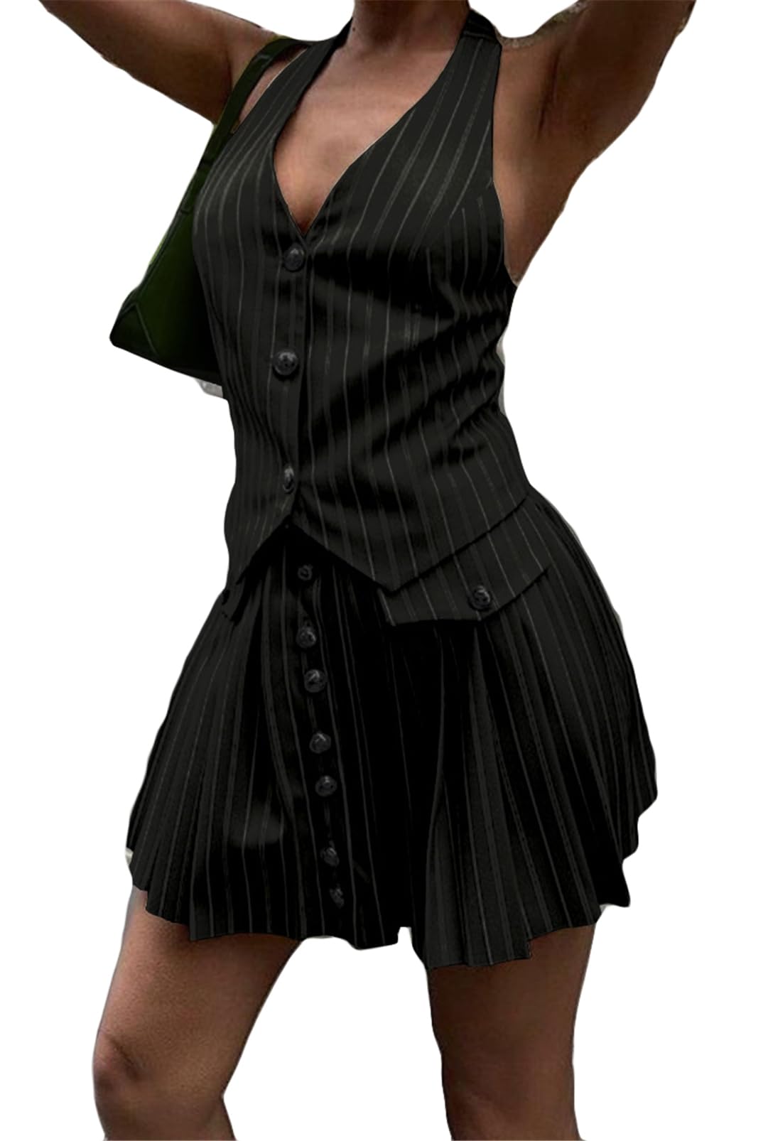 Womens Sexy 2 PCS Stripes Printed Button Vest Shirts Tops Bodycon Skirts Cocktail Party Dress Outfits Set