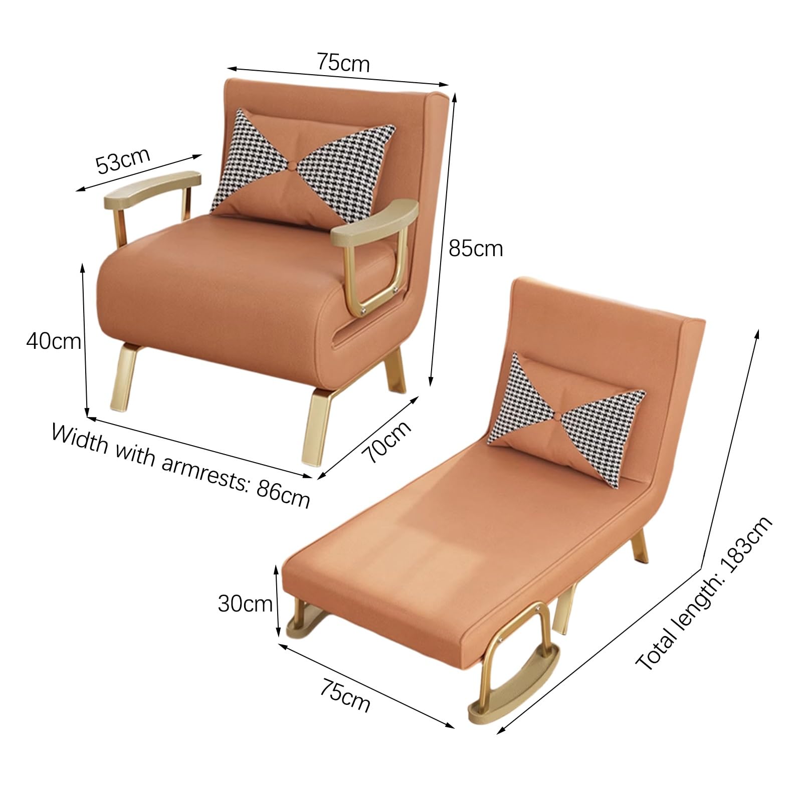 Składane rozkładane krzesło do spania – nowoczesna tapicerowana sofa z podłokietnikami do małych przestrzeni, akademików i domowego biura, kompaktowe łóżko dla gości (ge 86 x 70 x 85 cm)