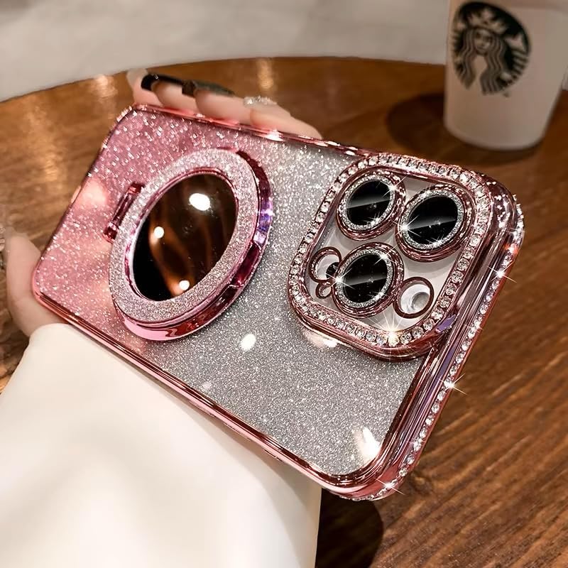 for iPhone 15 Plus Case Magnetic KickStand, [Compatible with Magsafe] Shockproof Glitter Makeup Mirror Ring Holder Camera Lens Protector Girly Cute Bling Phone Cover for iPhone 15 Plus (Pink) - Image 7
