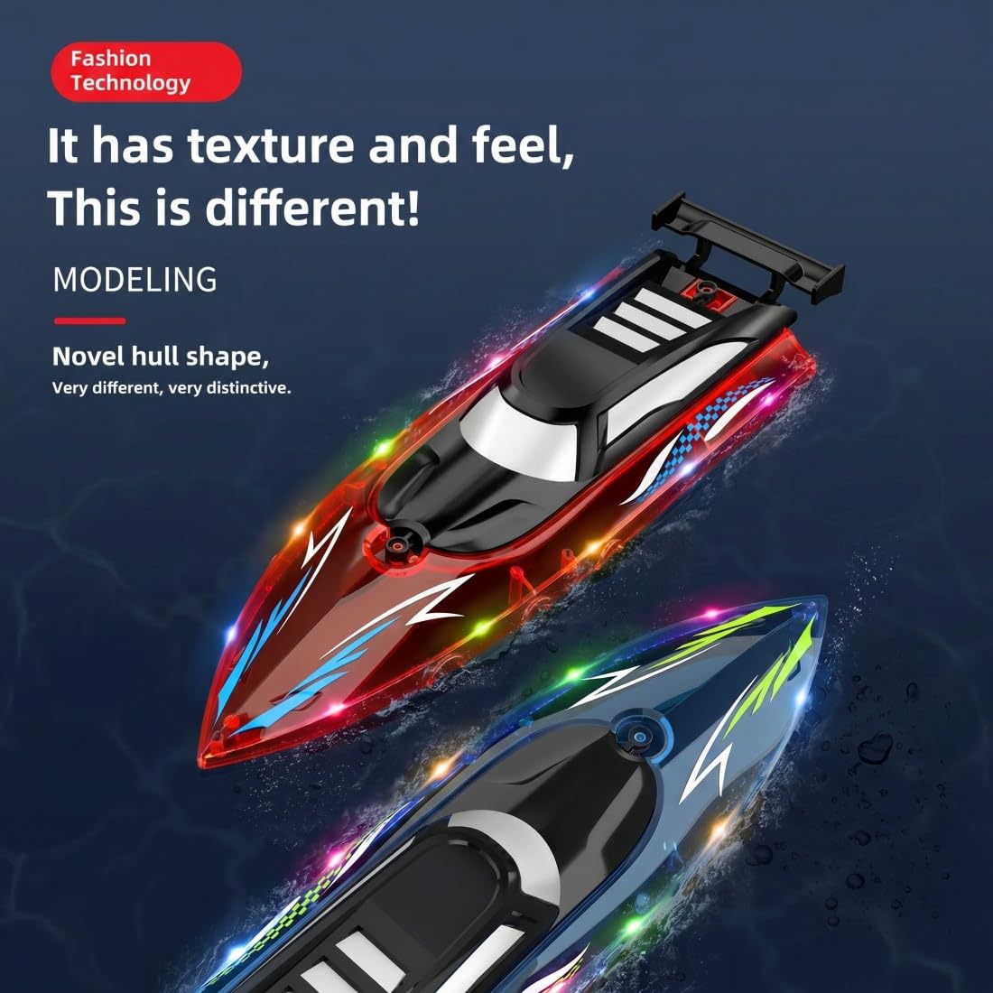 Barco de carreras RC de 2,4 GHz, 50 km/h, juguete acuático rápido con iluminación (azul/4 baterías)