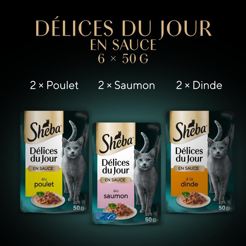 Sheba Délices du Jour Set de 12 x 6 Sachets Fraîcheur à La Volaille/aux Poissons en Sauce pour Chat 50 g