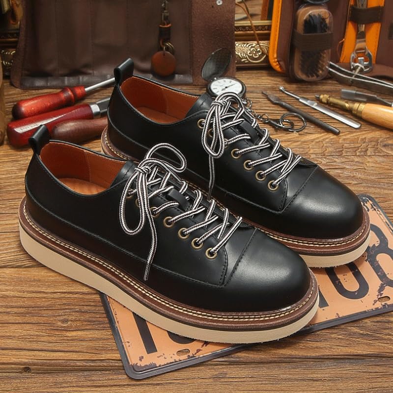 Men's Genuine Leather Round Toe Stacked Platform Oxfords Retro Classic Lace Up Comfortable Non-Slip Block Heel Oxford Sneakers2